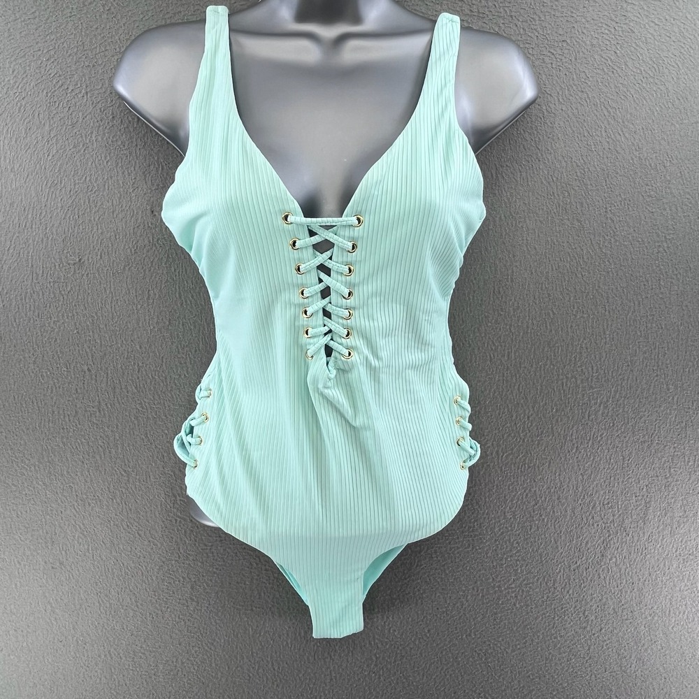 Lumi Women One Piece Swimsuit Ribbed Mint Green Medium‎ Lace Up Boho Beachwear